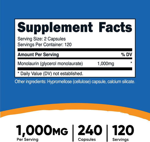 Nutricost Monolaurin 1000 mg (120 Servings, 240 Capsules) - Gluten-Free, Non GMO, Vegan