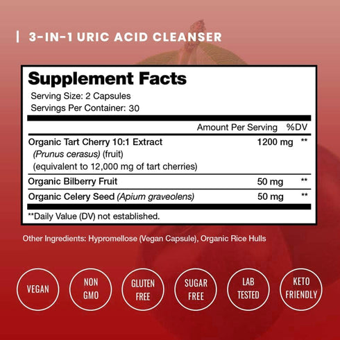 NutraChamps Organic Tart Cherry Extract Capsules 12,000mg - Uric Acid Cleanse & Joint Support, Vegan, Montmorency