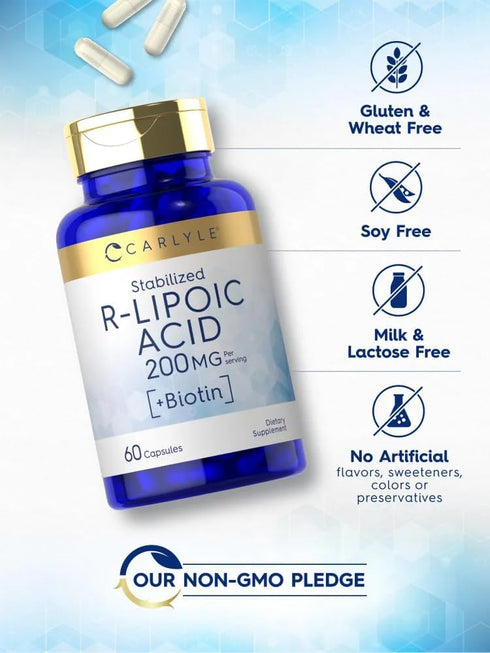 Carlyle R-Lipoic Acid 200mg, 60 Capsules, Stabilized R-Lipoic Acid with Biotin, Non-GMO, Gluten Free
