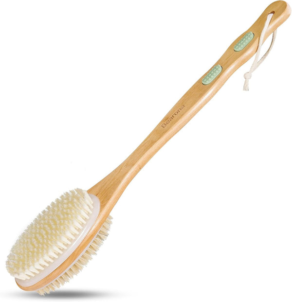 Body Scrubber with Soft and Stiff Natural Bristles, Dual-Sided Long Handle Shower Brush for Bath
