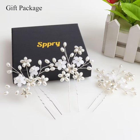 Wedding Hair Pins (3 Pcs) - Elegant Pearl Floral Crystal Accessories for Bridal Women, Silver
