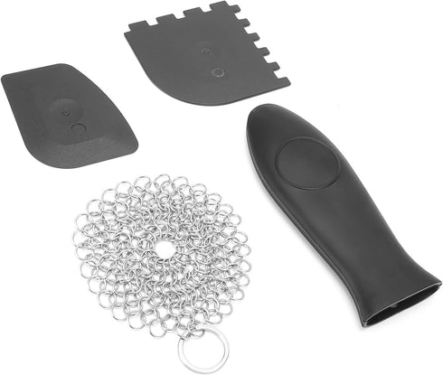 Chainmail Scrubber Kit for Cast Iron Pans, Stainless Steel Cleaner with Toothed Scraper and Handle Cover, Durable for