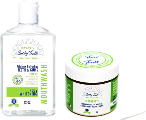 Organic Oral Care Pack - Food Grade Peroxide Whitening Mouthwash + Remineralizing Toothpaste - by Lucky Teeth.