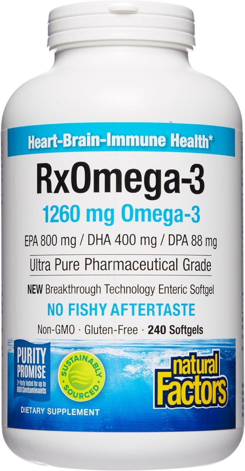Natural Factors RxOmega-3 Fish Oil, 1260 mg Omega-3, Pharmaceutical Grade, 240 Count, No Fishy Aftertaste