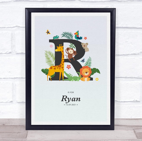 The Card Zoo Jungle Animals Initial R Baby Birth Details Nursery Christening Gift Print