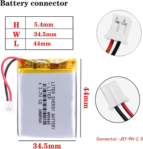 Liter Energy Battery 3.7V Lipo Battery 1000mAh Rechargeable Lithium ion Polymer Battery 603443 Lithium Polymer ion Battery with JST Connector