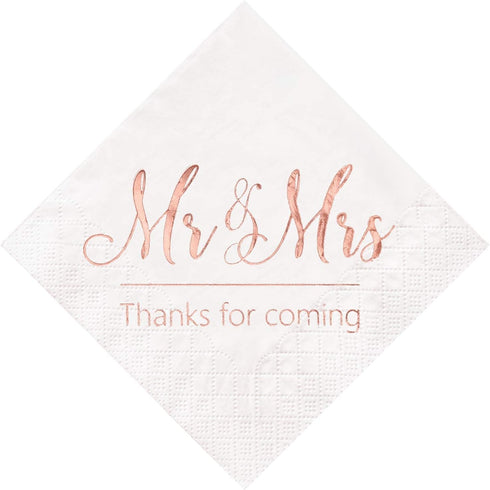 Crisky Wedding Napkins Mr Mrs Rose Gold Cocktail Beverage Dessert Napkins for Wedding Table Decoration, 100 Pcs, 3-Ply