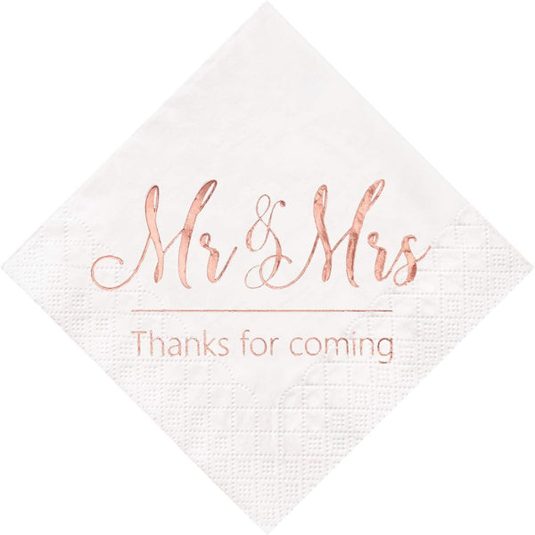 Crisky Wedding Napkins Mr Mrs Rose Gold Cocktail Beverage Dessert Napkins for Wedding Table Decoration, 100 Pcs, 3-Ply