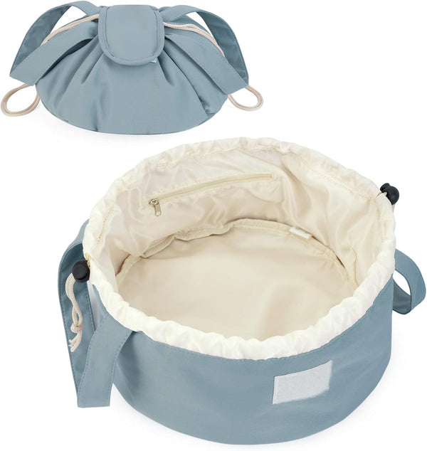 Barrel Drawstring Makeup Bag, Large Cosmetic Bag Toiletry Organizer for Women (Greyish Blue)