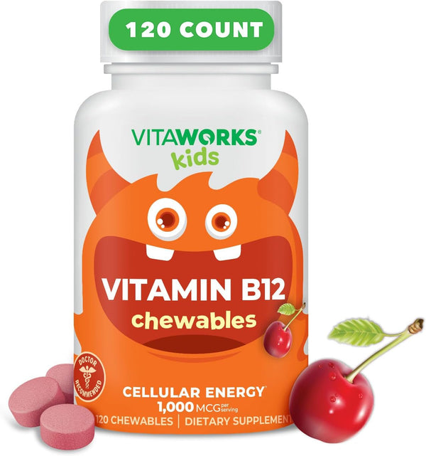 Kids Vitamin B12 1000 mcg Chewable Tablets, 120 Chewables | Tasty Natural Cherry Flavor, Vegan, Gluten Free