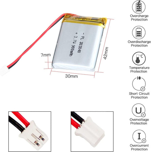 3.7V 900mAh Lithium Polymer Ion Rechargeable Battery 703040 with 2P PH 2.0mm Pitch Connector