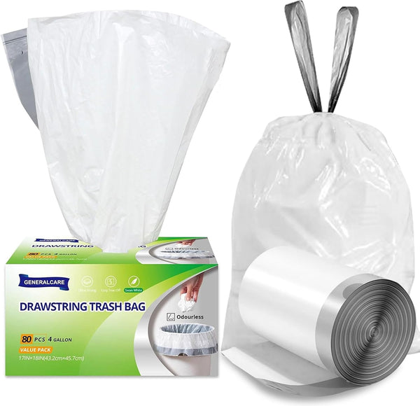80 Count 4 Gallon Small Drawstring Trash Bags, Unscented White Liners for Bathroom Office Kitchen
