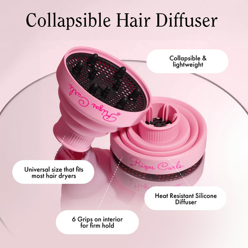 Rizos Curls Collapsible Hair Diffuser, Pink, Enhances Curl Definition, Volume, Fits Most Hair Dryers, Dries Curls Faster