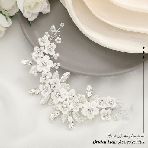 Unicra Flower Silver Bride Wedding Hair Vine Leaf Bridal Hair Piece Rhinestone Headband for Women and Girls