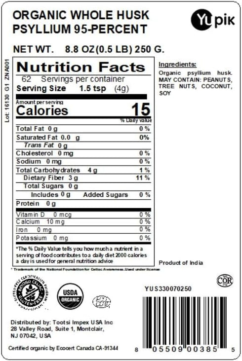 Yupik Organic Whole Husk Psyllium 95% Superfood, 8.8 Ounce, Non-GMO, Vegan, Gluten-Free, Packaging may vary