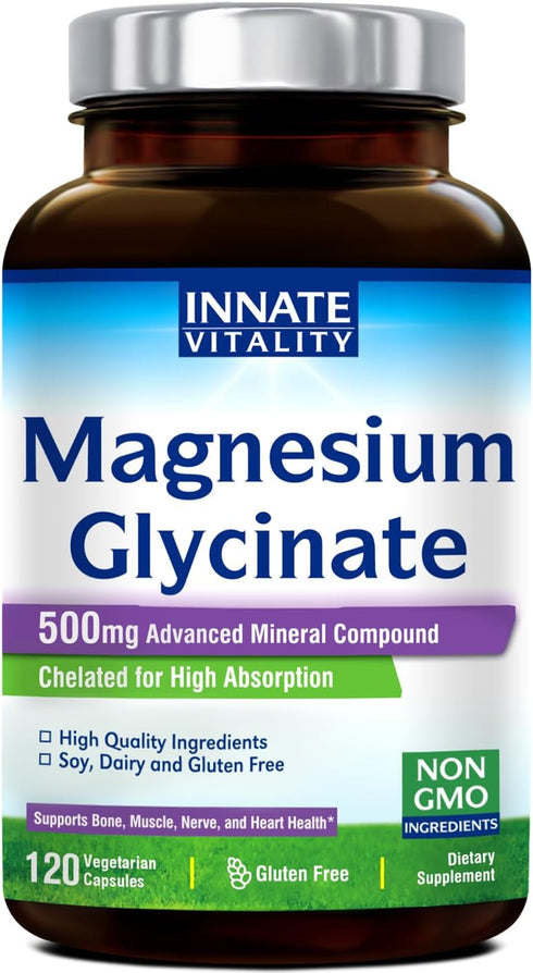 Innate Vitality Magnesium Glycinate 500mg - 120 Vegan Capsules, High Absorption, Non-GMO, Supports Nerve, Muscle & Heart
