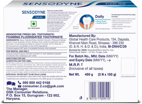 Pack 3 150g Sensodyne Fresh Gel Toothpaste Combo | x