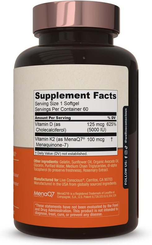 Live Conscious Vitamin K2 MK7 with D3 Supplement - 5000 IU Vitamin D3 & Patented Vitamin K - 60 Softgels for Bone &