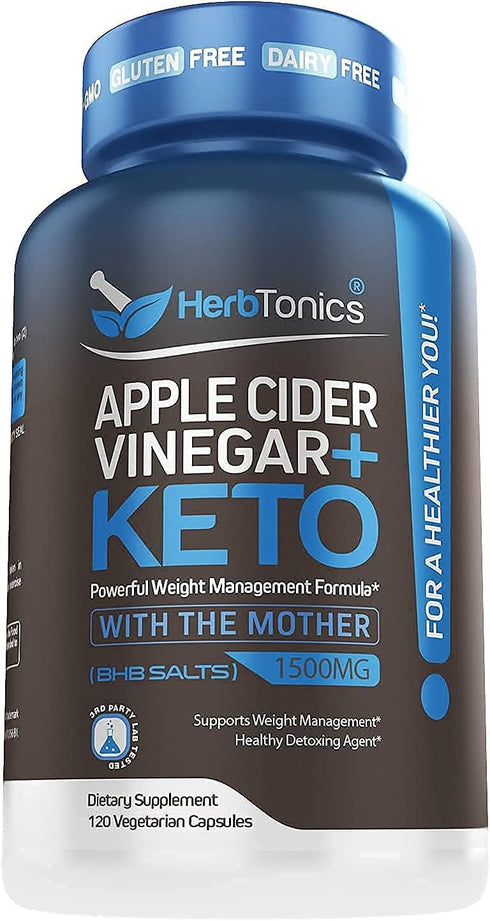 Herbtonics Apple Cider Vinegar + Keto BHB Formula - Digestion & Detox Support, Appetite Control Supplement.