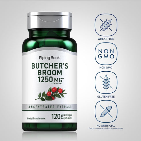 Piping Rock Butchers Broom Capsules | 1250 mg | 120 Count | Herb Root Extract, Non-GMO, Gluten Free