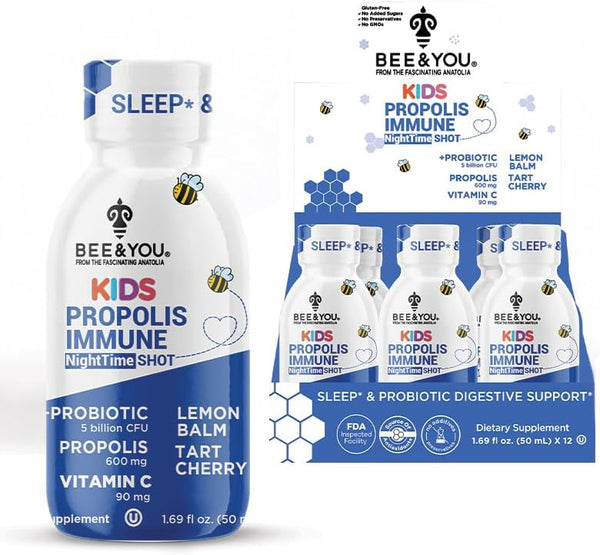 BEE and You Kids Propolis Immune Night Time Shot - 12 Pack, 1.69 Fl. oz - Probiotic, Lemon Balm, Tart Cherry for Sleep