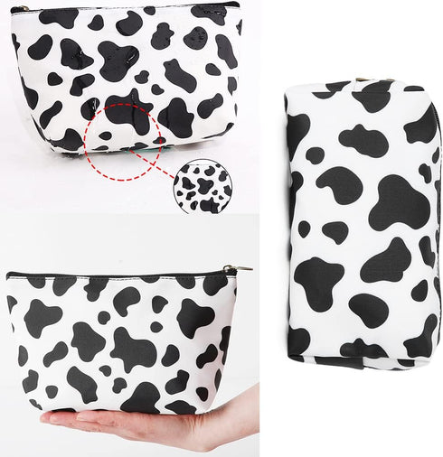 FITINI 3 Pieces Double Layer Makeup Bags, Large White Cows Waterproof Cosmetic Cases for Women Makeup Storage