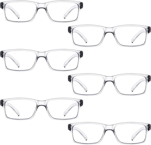 LUR READING GLASSES 6 Pack Comfort Plastic Readers with Spring Hinge (Clear)