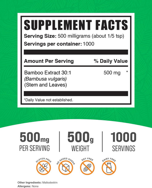 BulkSupplements.com Bamboo Extract Powder, Silica Supplements, Herbal & Gluten Free, 500mg per Serving