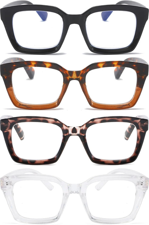 REAVEE 4 Pack Oprah Style Oversized Reading Glasses, Blue Light Blocking, Retro Stylish Square Readers 1.5x