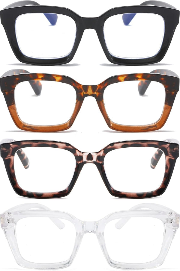 REAVEE 4 Pack Oprah Style Oversized Reading Glasses, Blue Light Blocking, Retro Stylish Square Readers 1.5x