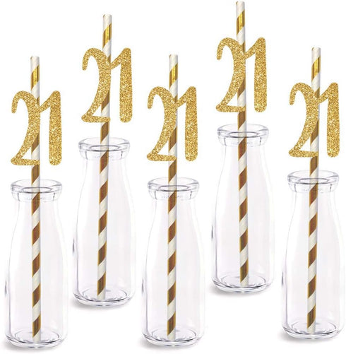 24-Pack Happy 21 Years Paper Straw Decor, Real Gold Glitter Cut-Out Numbers for 21st Birthday Party