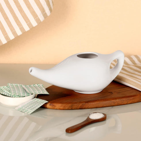 Ceramic Neti Pot, Premium Handcrafted Nose Cleaner for Sinus, Dishwasher Safe, 225 Ml Capacity - White