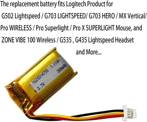 AOLIKES 300mAh Battery Replacement for Logitech MX Vertical G PRO X Superlight, G502 Lightspeed,G703 Hero Lightspeed Gaming Mouse and Zone Vibe 100, G435, G535 Lightweight Wireless Headphones