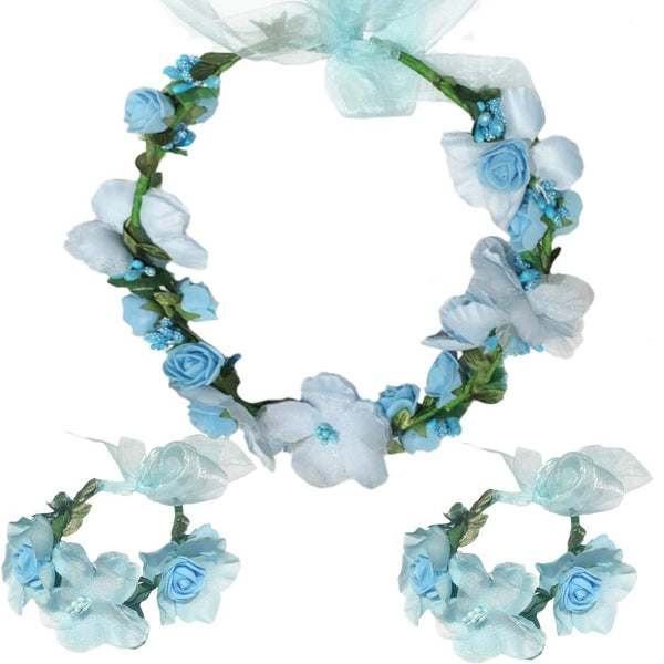WLBON 3 Pcs Flower Headband and Wristbands, Rose Floral Leaf Hair Hoops, Accessories for Women Xmas Wedding Party