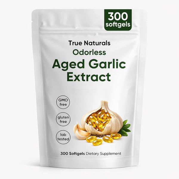 TRUE NATURALS Aged Garlic Extract - 300 Softgels, Odorless, Organic Garlic Supplement, 2-Year Matured