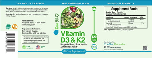 True Booster Vitamin D3 & K2 Capsules, 125mcg D3 & 90mcg K2, Heart, Bone, Immune Support