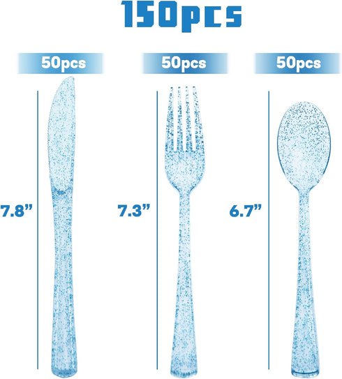 150 Pack Blue Plastic Silverware Blue Glitter Silverware Plastic Utensils Set 50 Blue Plastic Forks, 50 Blue Knives, 50 Blue Spoons for Brithday, Baby Shower, Picnic by joy akkess