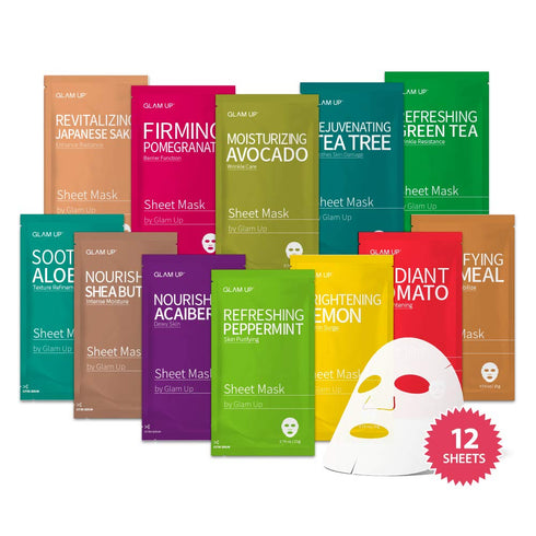GLAM UP Premium Facial Sheet Mask Combo - 12 Pack of Hydrating, Moisturizing, Soothing Masks