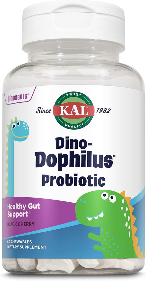 KAL DinoDophilus Probiotics for Kids, 2 Billion CFU, Chewable Black Cherry Flavor for Gut Health, 60 Servings.