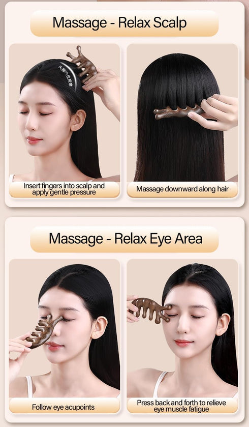 Set 7-Prong Sandalwood Massage Comb Gift - Wooden Scalp Massager & Gua Sha Tool for Head, Neck, Face, Shoulders