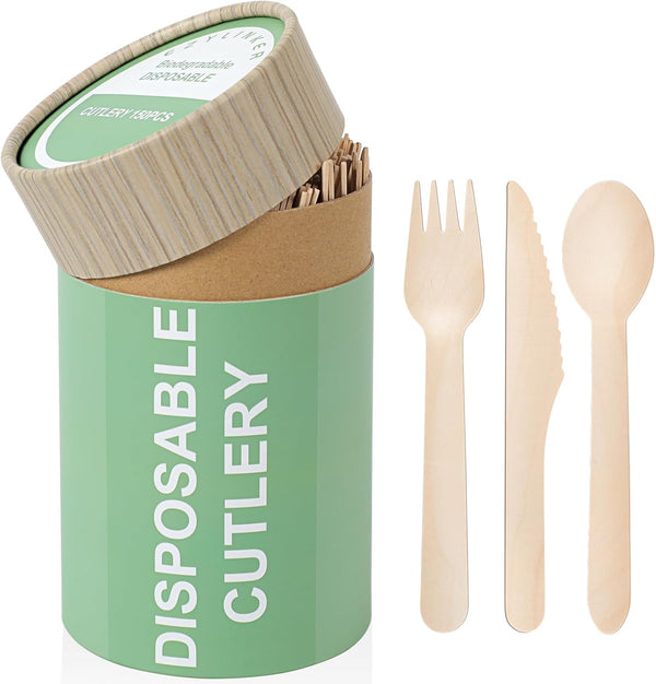 (150 Pcs) Special Edition Compostable Cutlery Set, Disposable Wooden Utensils, Eco Friendly, Biodegradable, 50 Each