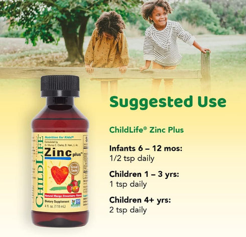 ChildLife Essentials Liquid Zinc Plus, 4 Fl Oz, All-Natural Support for Kids, Mango Strawberry Flavor