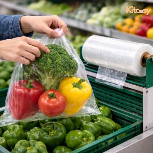 Kitchsy 18x24 250 Count (3) Produce Bags Roll, Clear Plastic Food Bags for Fruits, Veggies, Bread, Grocery Shopping