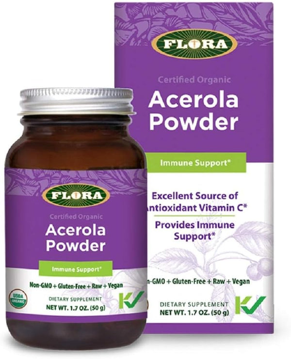 Flora Acerola Powder - Daily Immune Booster with Vitamin C, Gluten Free & Vegan, 1.7-oz. Glass Bottle