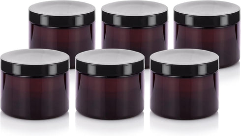 JUVITUS 6 oz Amber PET Plastic Refillable Low Profile Jar, 6 Pack Storage Containers (Black Lids)