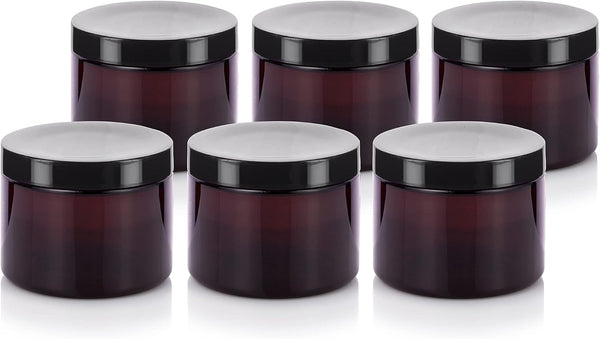JUVITUS 6 oz Amber PET Plastic Refillable Low Profile Jar, 6 Pack Storage Containers (Black Lids)