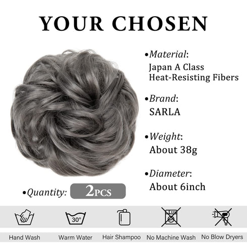 SARLA 2PCS Messy Hair Bun Hair Pieces, Wavy Curly Synthetic Updo Fake Scrunchies Ponytail Extension for Women Dark Grey