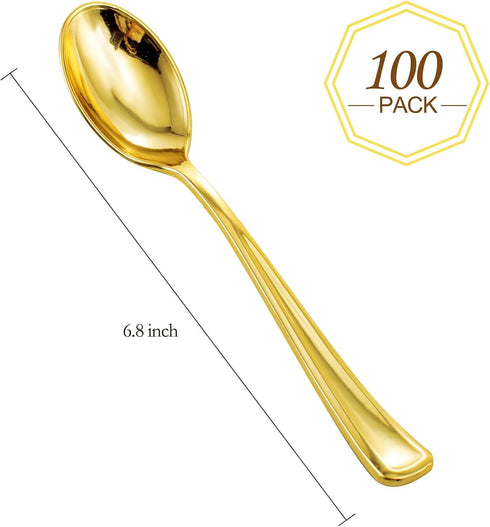WDF 100 Pack Gold Plastic Spoons Disposable, 6.9 Inch Heavy Duty Spoons for Parties, Weddings