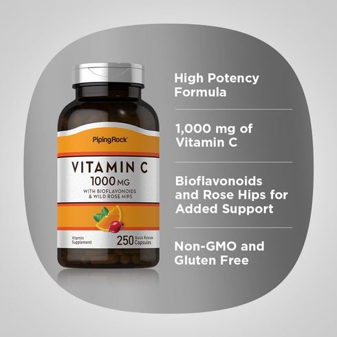 Piping Rock Vitamin C 1000mg | 250 Capsules | with Bioflavonoids and Rose Hips | Non-GMO, Gluten Free