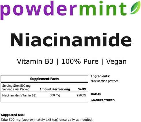 Niacinamide Powder (Vitamin B3) 100% Pure Niacin Powder 500 mg Flush-Free Supplement (100 Grams)